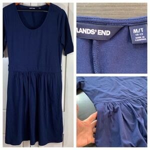 Minimalist Everyday Lands End Navy‎ Blue Jersey Knit Fit & Flare Dress M/T 10-12